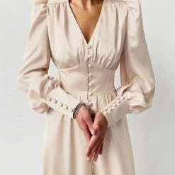 Levency Satin Button Puff Long Sleeve Dress