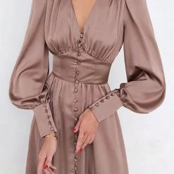 Levency Satin Button Puff Long Sleeve Dress
