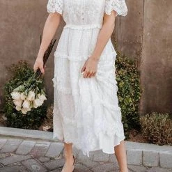 Levency Button Lace V Neck Short Sleeve Maxi Dress New In