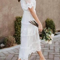 Levency Button Lace V Neck Short Sleeve Maxi Dress New In