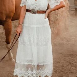 Levency Button Lace V Neck Short Sleeve Maxi Dress New In