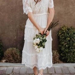 Levency Button Lace V Neck Short Sleeve Maxi Dress New In