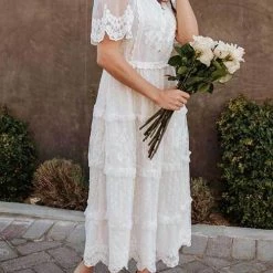 Levency Button Lace V Neck Short Sleeve Maxi Dress New In