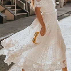 Levency Button Lace V Neck Short Sleeve Maxi Dress New In