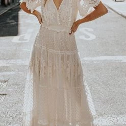 Levency Button Lace V Neck Short Sleeve Maxi Dress New In