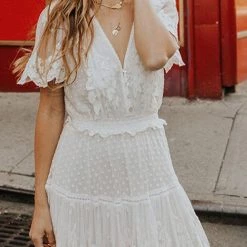 Levency Button Lace V Neck Short Sleeve Maxi Dress New In