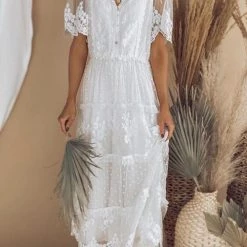 Levency Button Lace V Neck Short Sleeve Maxi Dress New In