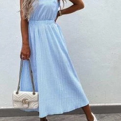 Levency Plaid O Neck Sleevless Pockets Maxi Dress