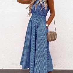 Levency Plaid O Neck Sleevless Pockets Maxi Dress