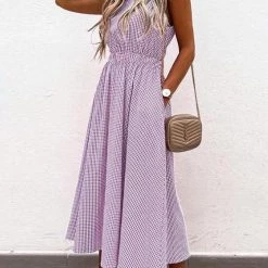 Levency Plaid O Neck Sleevless Pockets Maxi Dress
