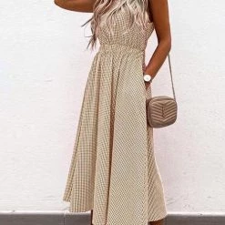 Levency Plaid O Neck Sleevless Pockets Maxi Dress