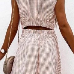 Levency Plaid O Neck Sleevless Pockets Maxi Dress