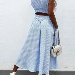 Levency Plaid O Neck Sleevless Pockets Maxi Dress