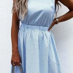 Levency Plaid O Neck Sleevless Pockets Maxi Dress