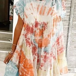 Levency Tie Dye Ruffles Short Sleeve Mini Dress