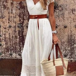Levency Lace V Neck Short Sleeve Maxi Dress