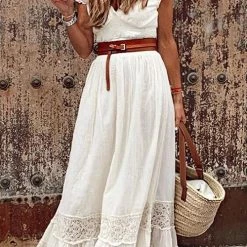 Levency Lace V Neck Short Sleeve Maxi Dress
