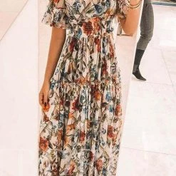 Levency Floral Square Neck Short Sleeve Maxi Dress New In