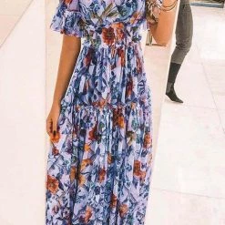 Levency Floral Square Neck Short Sleeve Maxi Dress New In