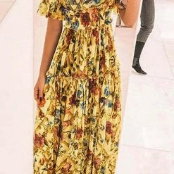 Levency Floral Square Neck Short Sleeve Maxi Dress New In