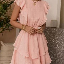 Levency New In Ruffle Trim Ruched Waist Layered Hem Dress