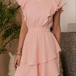 Levency New In Ruffle Trim Ruched Waist Layered Hem Dress