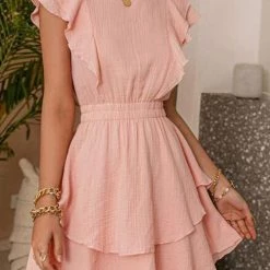 Levency New In Ruffle Trim Ruched Waist Layered Hem Dress