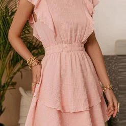 Levency New In Ruffle Trim Ruched Waist Layered Hem Dress