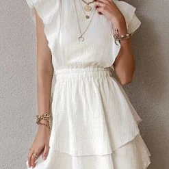 Levency New In Ruffle Trim Ruched Waist Layered Hem Dress