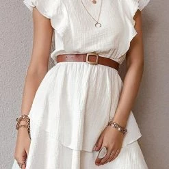 Levency New In Ruffle Trim Ruched Waist Layered Hem Dress