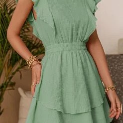 Levency New In Ruffle Trim Ruched Waist Layered Hem Dress