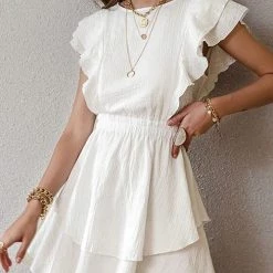 Levency New In Ruffle Trim Ruched Waist Layered Hem Dress