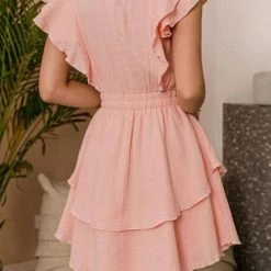 Levency New In Ruffle Trim Ruched Waist Layered Hem Dress