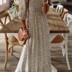 Levency Floral Print O Neck Maxi Dress
