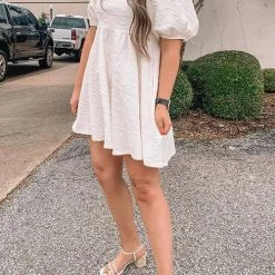 Levency Square Neck Open Back Puff Sleeve Mini Dress New In