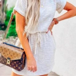 Levency O Neck Pockets Short Sleeve Mini Dress New In