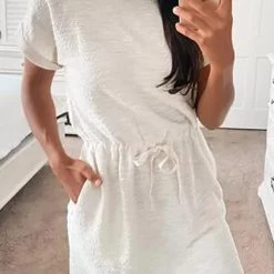 Levency O Neck Pockets Short Sleeve Mini Dress New In