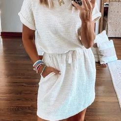 Levency O Neck Pockets Short Sleeve Mini Dress New In