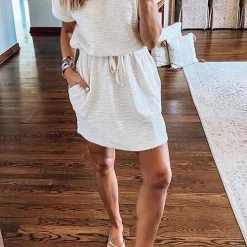 Levency O Neck Pockets Short Sleeve Mini Dress New In