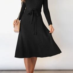 Levency New In Swing O Neck Long Sleeve Midi Sweater Dress