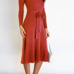 Levency New In Swing O Neck Long Sleeve Midi Sweater Dress