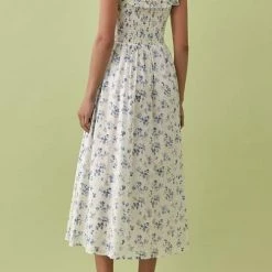 Levency Elastic Ruffles Square Neck Midi Dress