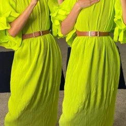 Levency New In Pleated Layer Flare Sleeve Maxi Dress