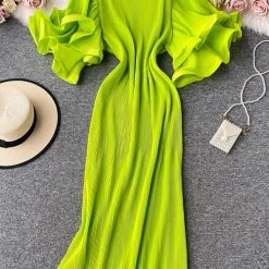 Levency New In Pleated Layer Flare Sleeve Maxi Dress