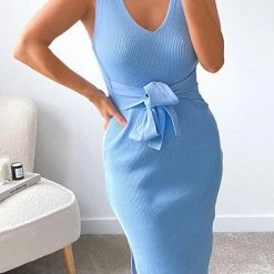 Levency Color Block Knot V Neck Sleevelss Bodycon Dress