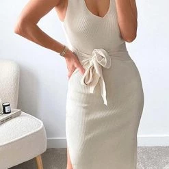Levency Color Block Knot V Neck Sleevelss Bodycon Dress