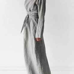 Levency New In Linen Tie Belt Long Sleeve Maxi Dress