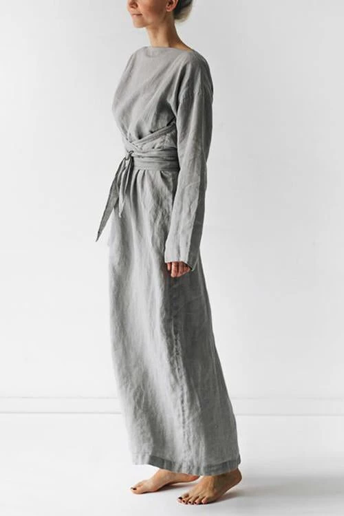 Levency New In Linen Tie Belt Long Sleeve Maxi Dress 1 Levency New In Linen Tie Belt Long Sleeve Maxi Dress