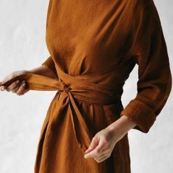 Levency New In Linen Tie Belt Long Sleeve Maxi Dress