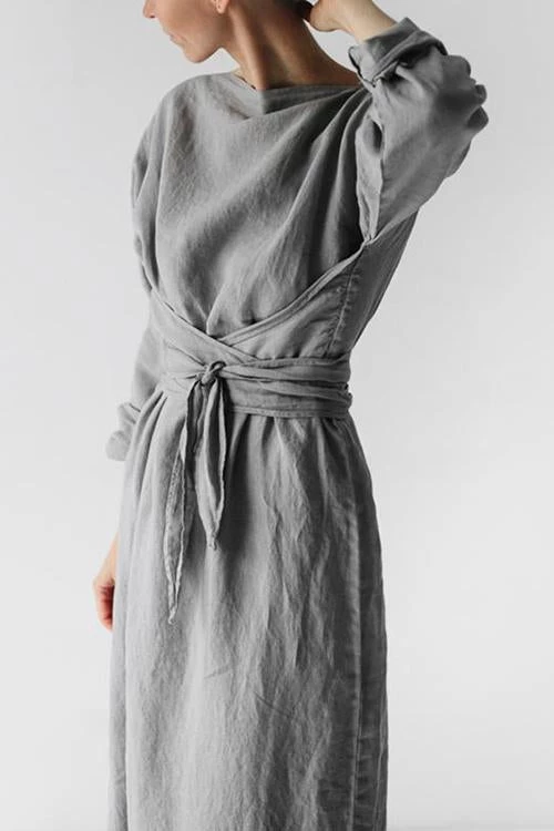 Levency New In Linen Tie Belt Long Sleeve Maxi Dress 8 Levency New In Linen Tie Belt Long Sleeve Maxi Dress
